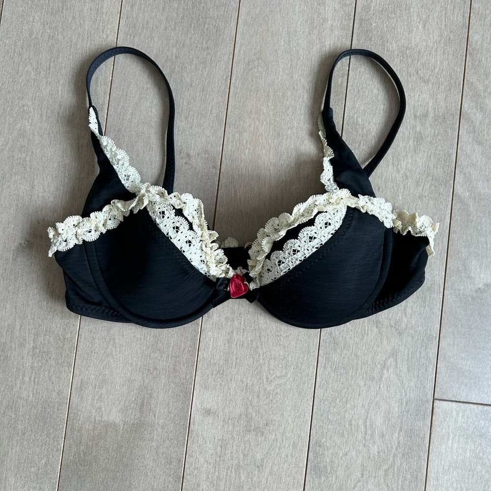 Black Lace-Trim Bikini Top with Ivory Accents